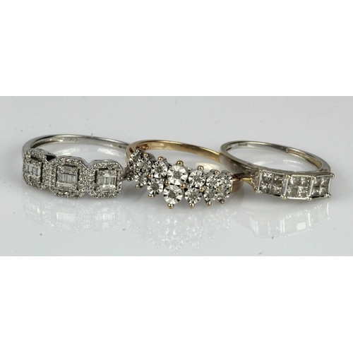 420 - Three 9ct gold diamond dress rings, princess cut triple cluster, TDW approx. 0.70ct, finger size N/O... 