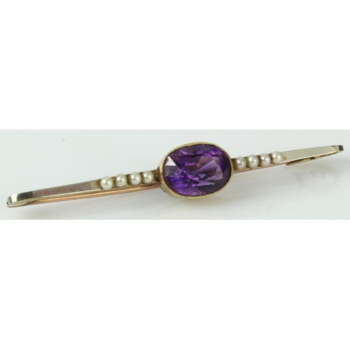 427 - Yellow gold (tests 9ct) antique amethyst and seed pearl bar brooch, amethyst measures approx. 12mm x... 