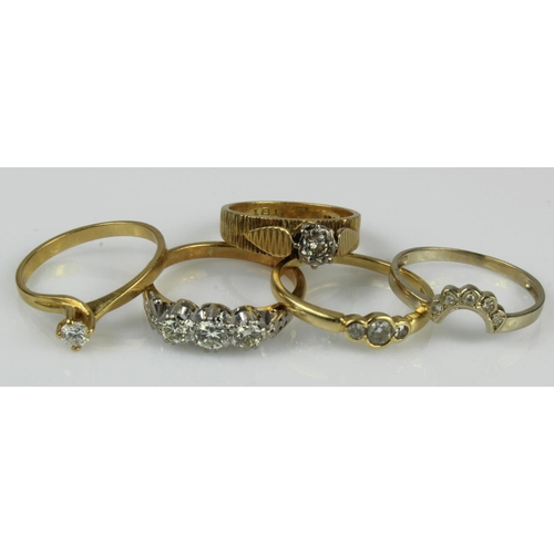 430 - Five yellow gold (tests 18ct) diamond rings, finger sizes K/L, O/P, P/Q, Qx2, total weight 14.4g.