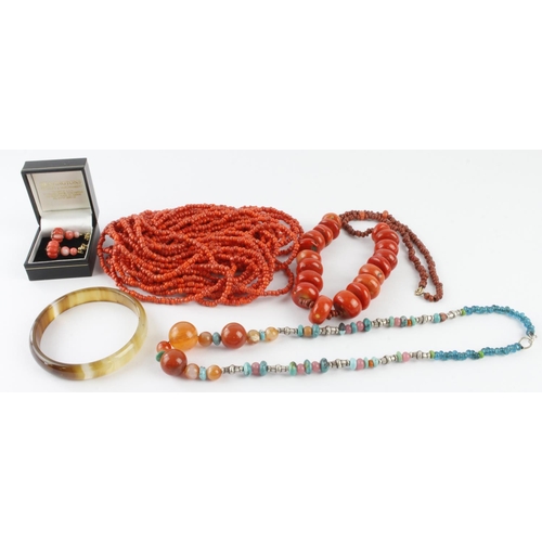 437 - Pair of yellow metal and coral earrings, together with three beaded necklaces and a bangle