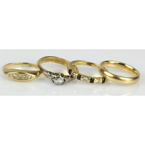 438 - Four 18ct gold/tests 18ct rings, stones include diamond sapphire I/J x2, J/K and K/L, total weight 1... 