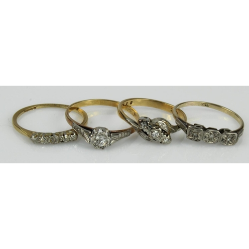 439 - Four yellow gold (tests 18ct) diamond rings, finger sizes M/N, O, O/P, R, total weight 7.8g.