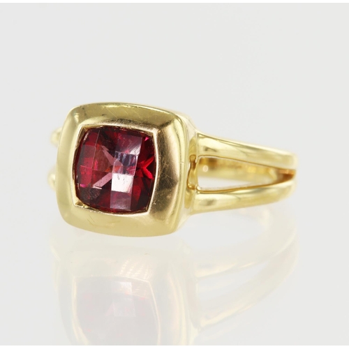 44 - Yellow gold (tests 18ct) Rugiada rhodolite garnet dress ring, checker cut rhodolite measures approx.... 