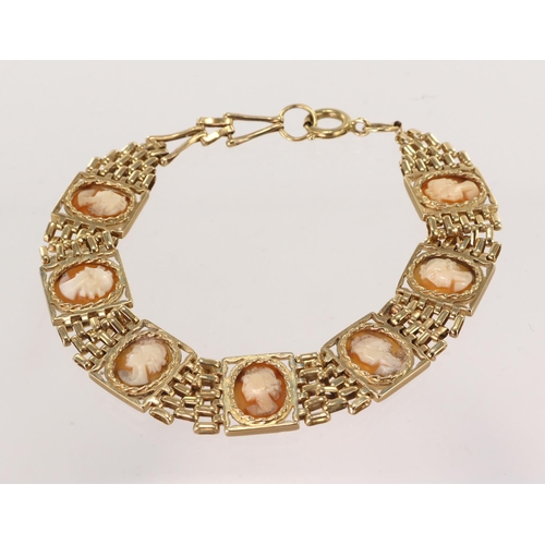 440 - 9ct yellow gold cameo set panther linked bracelet, seven cameo linked panels all depicting a woman i... 