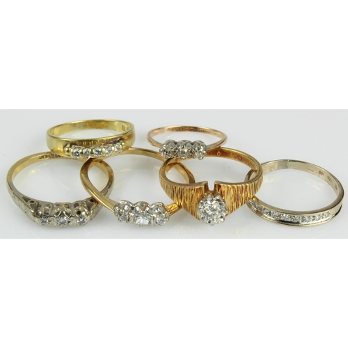 445 - Six 18ct gold/tests 18ct diamond rings, finger sizes G/H, K, L/M, M, P, R, total weight 13.9g.