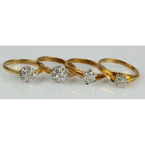 447 - Four 18ct gold vintage diamond rings, finger size Lx2  M, N, total weight 11.6g.