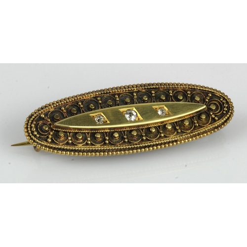 454 - Yellow gold (test 15ct) antique diamond set mourning brooch, three old cut diamonds TDW approx. 0.11... 