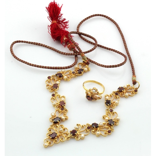 458 - Yellow gold (tests 18ct) necklace and earring set, stones include garnets and pearls, integral neckl... 