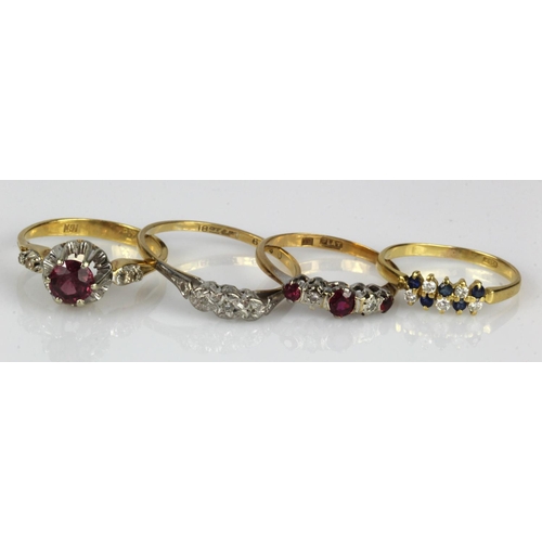 459 - Four 18ct gold/tests 18ct rings, stones include diamond , sapphire, garnet and synthetic ruby, finge... 