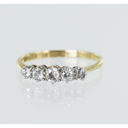 46 - Yellow gold (tests 18ct) diamond five stone ring, old cut diamonds, TDW approx. 0.24ct, finger size ... 