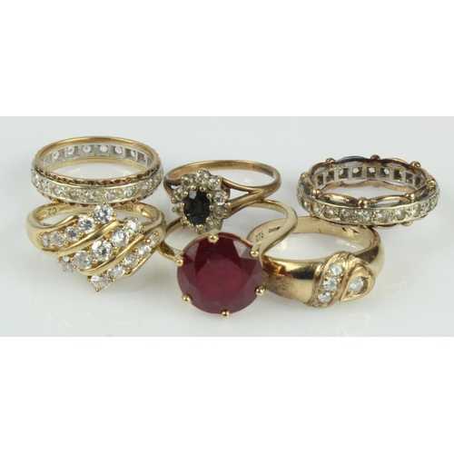 463 - Six 9ct gold/tests 9ct rings, stones include sapphire, paste, CZ, finger sizes L,N, N/O, O, O/P, P/Q... 