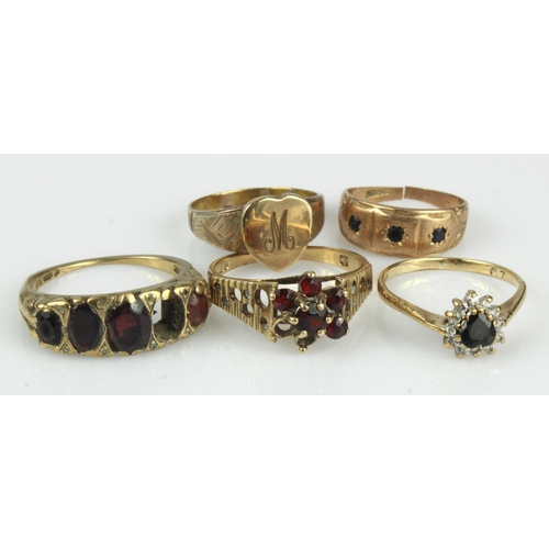 464 - Five 9ct gold/tests 9ct rings, stone include sapphire, garnet, CZ, finger sizes G/H, J, K, M/N, N, a... 