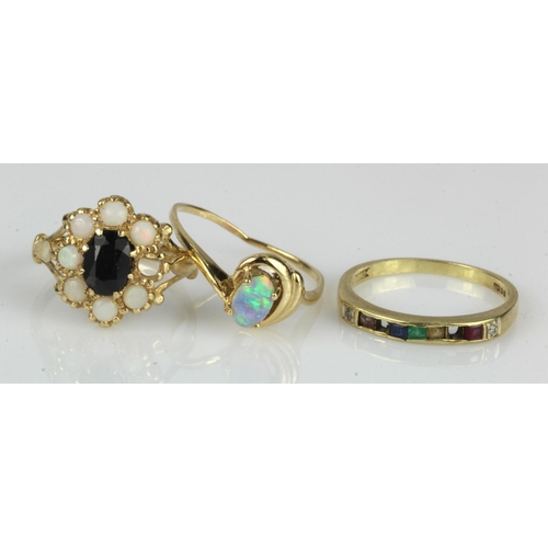 465 - Three 14ct gold/tests 14ct rings, stones include diamond, ruby, sapphire, opal, emerald, citrine, am... 