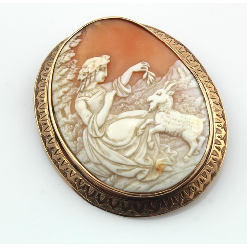 467 - Rose gold (tests 9ct) large Victorian cameo brooch, oval carved shell depicting a maiden and goat, l... 