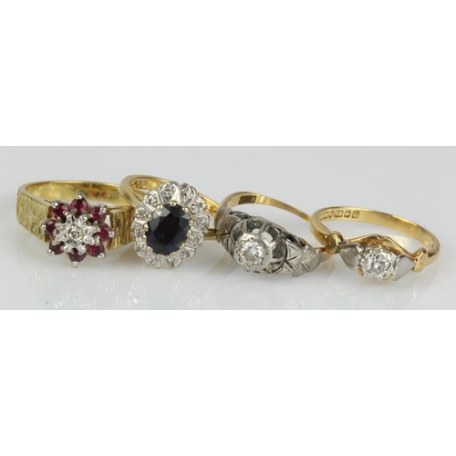 471 - Four 18ct gold/tests 18ct rings, stone include diamond, ruby and sapphire, finger sizes I, I/J, M, O... 