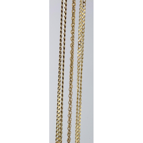 480 - Three 9ct gold/tests 9ct chains, styles include belcher and curb, lengths 16.5