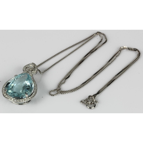 482 - White gold (tests 18ct) diamond and aquamarine pendant, pear shaped aquamarine approx. 14ct, set wit... 