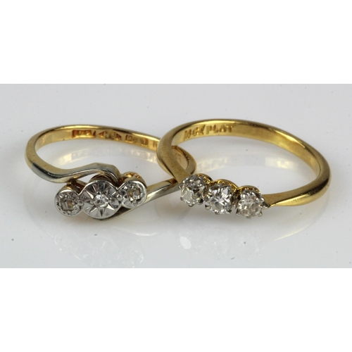 484 - Two yellow (tests 18ct) vintage diamond trilogy rings, to include three old cut diamonds, TDW 0.19ct... 