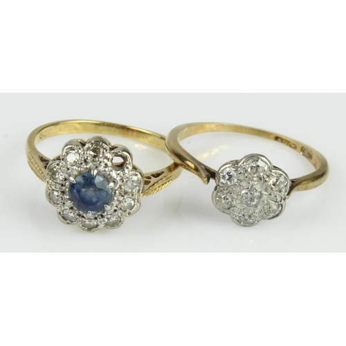 486 - Two yellow gold (tests 18ct) vintage rings, stones include diamond and sapphire, both with platinum ... 