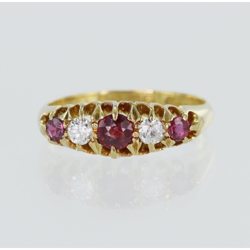 49 - 18ct yellow gold antique diamond and ruby ring, three graduating rubys principal measures 4mm, two o... 