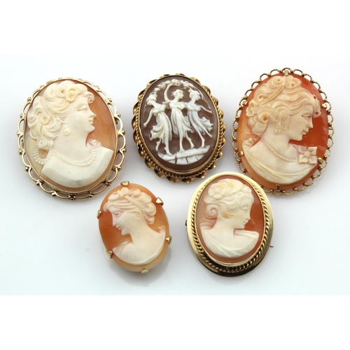 490 - Five 9ct gold/tests 9ct cameo brooches, total weight 34.2g.