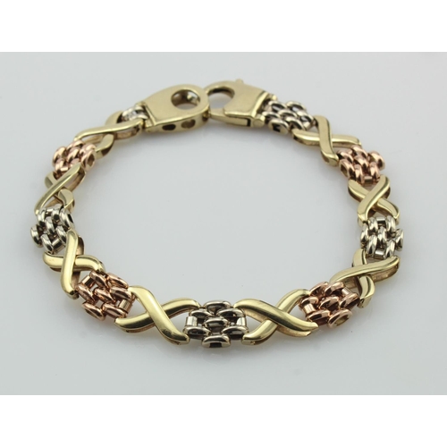 494 - 9ct yellow gold bracelet with rose gold and white gold panther links, length 7.5