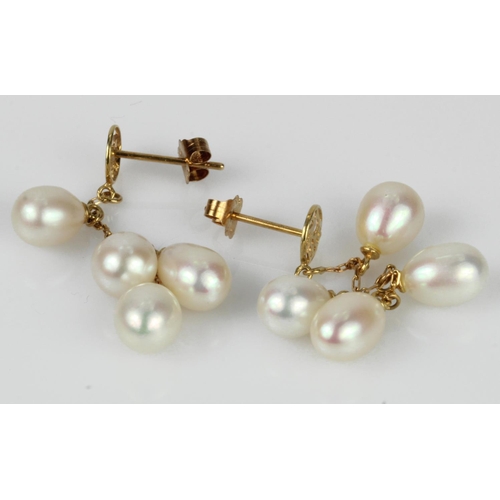 495 - Yellow gold (tests 14ct) pearl drop earrings, five freshwater pearls suspended from a Chinese charac... 