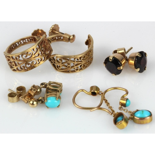 500 - Four pairs of 9ct gold/tests 9ct earrings, stones include turquoise and garnet, post & scroll fittin... 