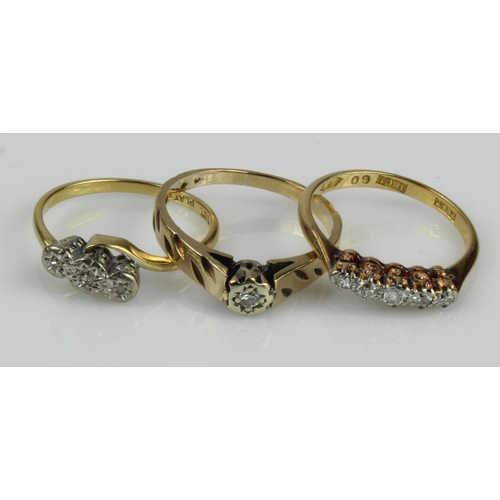 511 - Three 18ct gold/tests 18ct vintage diamond rings, finger sizes include M/N, N and N/O, total weight ... 