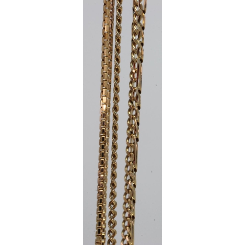 514 - Three 9ct gold/tests 9ct chains, figaro chain, length 18