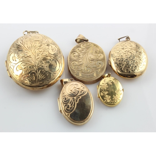 515 - Five 9ct gold lockets, total weight 47.7g.