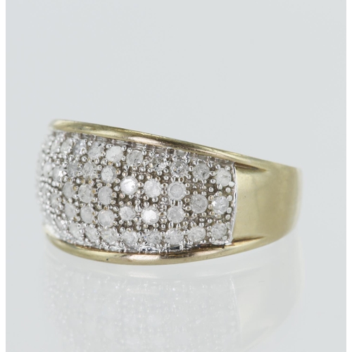 52 - 9ct yellow gold diamond domed ring, TDW approx. 0.76ct, top width 12mm, finger size U, weight 5.1g.