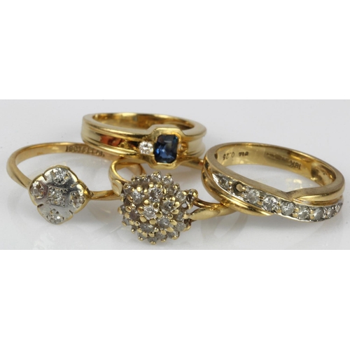 521 - Four yellow gold (tests 18ct)  rings, stones include diamond, sapphire, finger sizes G, M/N, O/P, al... 