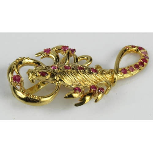 525 - Yellow gold (tests 18ct) scorpion pendant, set with rubies, length 52mm, large hidden bail fitting, ... 