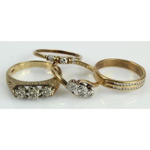 527 - Four 9ct gold/tests 9ct diamond rings, finger sizes N, N/O x2, P/Q, total weight 9.1g.