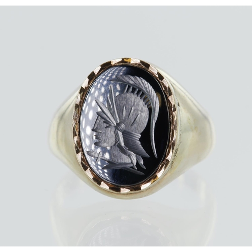 53 - 9ct yellow gold hematite intaglio signet ring, hematite measures 15mm x 11mm, finger size U/V, weigh... 