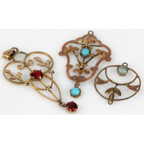 536 - Three 9ct gold/tests 9ct lavalier pendants, stones include turquoise and paste, total weight 3.7g.