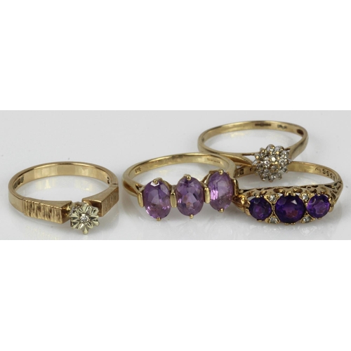 552 - Four 9ct gold rings, stones include diamond and amethyst, finger sizes N/O, O/P x2 and Q, total weig... 