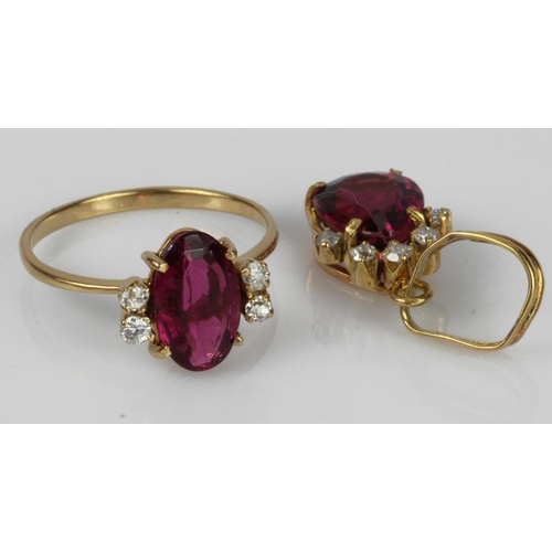 558 - Yellow gold (tests 18ct) purple tourmaline and diamond pendant and ring, oval tourmaline measures 10... 