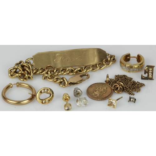 563 - Assortment of 9ct gold/tests 9ct jewellery to include one I.D bracelet, six single earrings, St. Chr... 