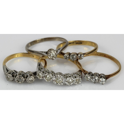 564 - Five yellow gold (tests 18ct) vintage diamond rings, finger sizes O, Px2, Q, Q/R, total weight 12.5g... 