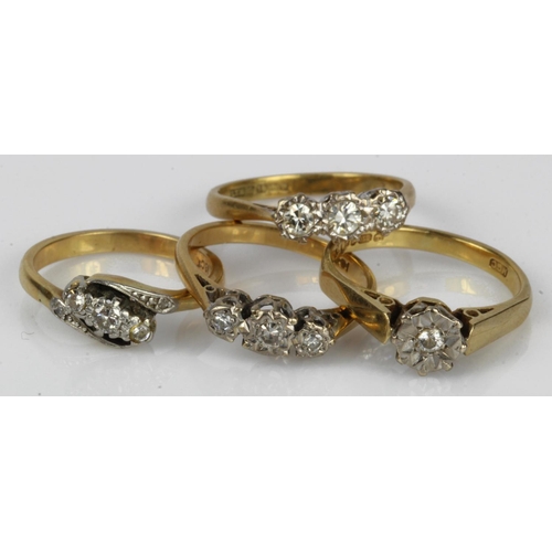 566 - Four yellow gold (tests 18ct) diamond rings, finger sizes M, N, Px2, total weight 12.8g.