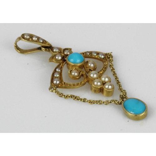 569 - Yellow gold (tests 15ct) antique turquoise and pearl lavalier pendant, two oval cabochon turquoise, ... 