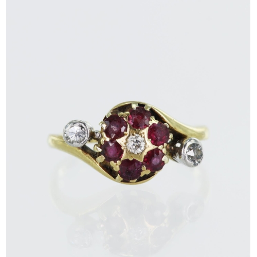 57 - Yellow gold (tests 18ct) vintage diamond and ruby dress ring, six rubies each approx. 2.5mm, set wit... 