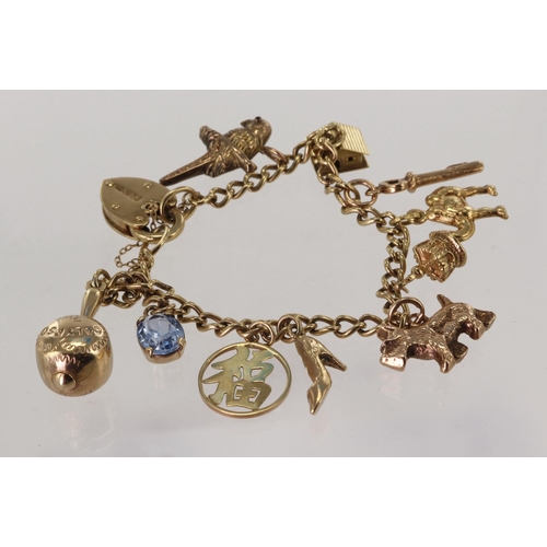 579 - 9ct/yellow metal charm bracelet with a good variety of charms attached, Total weight 32.2g