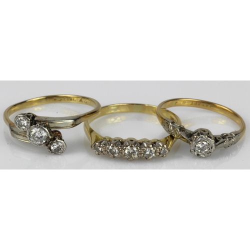 582 - Three 18ct gold/tests 18ct diamond rings, platinum set solitaire TDW approx. 0.07ct, finger size L. ... 