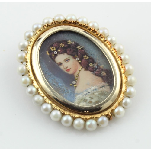 583 - Yellow gold (tests 14ct) mounted miniature portrait brooch/pendant, hand painted details and set wit... 