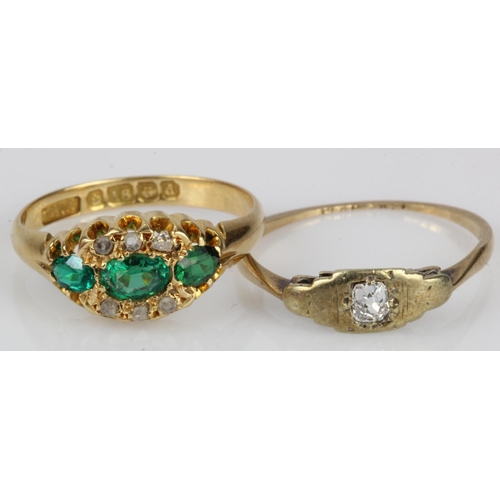 587 - Two yellow gold (tests 18ct) antique rings to include one old cut diamond solitaire TDW approx. 0.15... 