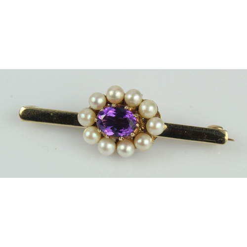 588 - 9ct yellow gold amethyst and pearl cluster bar brooch, deep purple amethyst measures 8mm x 6mm, surr... 