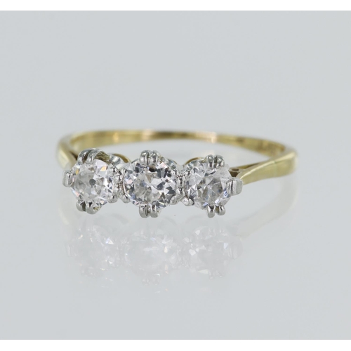 6 - Yellow gold (tests 18ct) diamond trilogy ring, TDW approx. 0.62ct, principal old cut approx. 0.25ct,... 